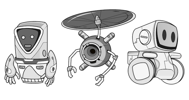 Conjunto de personajes robóticos en blanco y negro robot detallado para proyectos de conceptos de chatbot