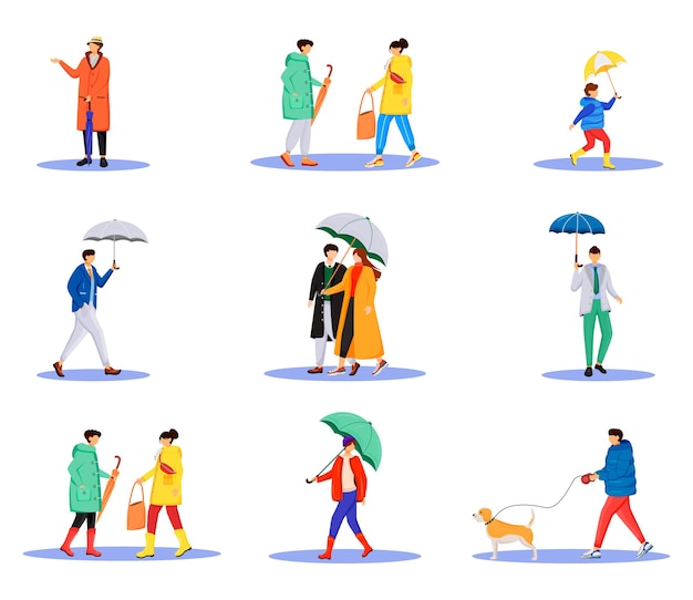 Conjunto de personajes sin rostro de personas con paraguas de color plano.