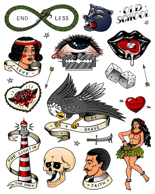 Conjunto de personajes de tatuajes de la vieja escuela vintage Naipes Bailarina de hula hawaiana labios de mujer y dados de pantera faro y serpiente Boceto dibujado a mano grabado Insignias impresas o parches para camiseta