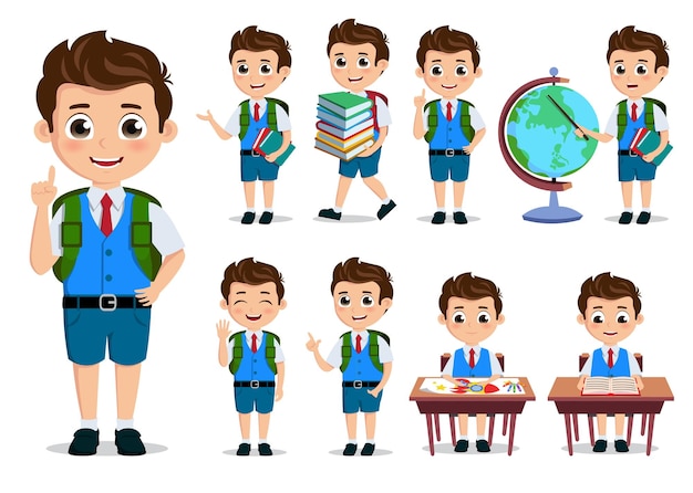 Conjunto de personajes de vector de estudiante de niños de escuela Personajes de dibujos animados de niño de regreso a la escuela con uniforme escolar