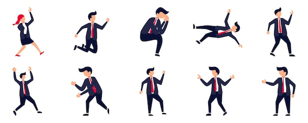 Conjunto de personajes vectoriales de hombre de negocios o de oficina en varias poses Personaje de hombre de negocios de empleado joven de dibujos animados trabajando