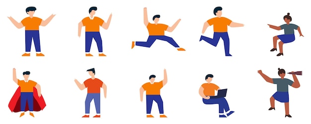 Vector conjunto de personajes vectoriales de hombre de negocios o de oficina en varias poses personaje de hombre de negocios de empleado joven de dibujos animados trabajando