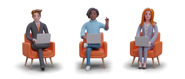 Vector conjunto de personajes vectoriales de trabajadores de oficina hombres y mujeres sentados con computadoras portátiles en sillas