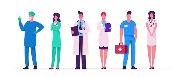 Conjunto de personal de atención médica del hospital, médicos en bata médica con estetoscopio con cuaderno, personaje de cirujano en uniforme, clínica de enfermería, medicina, profesión, ocupación, caricatura, plano, vector, ilustración