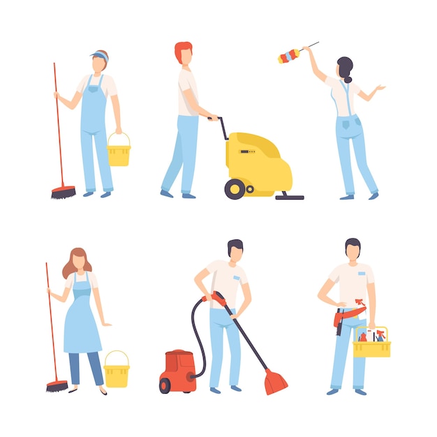 Conjunto de personal de la compañía de limpieza Trabajadores masculinos y femeninos en mono limpiando y aspirando el suelo con equipos de limpieja Ilustración vectorial de dibujos animados