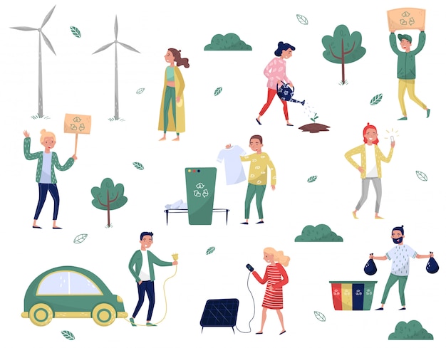 Conjunto de personas amigables con el medio ambiente, hombre y mujer protegiendo el medio ambiente, clasificando y recolectando desechos, utilizando energía alternativa y transporte ecológico Ilustraciones sobre un fondo blanco