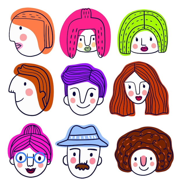 Conjunto de personas de cabeza linda de dibujos animados Vector de retrato