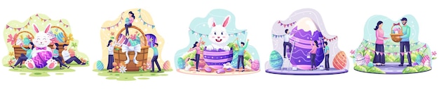 Conjunto de personas celebran el día de Pascua con cestas de conejitos llenas de ilustraciones de huevos de Pascua