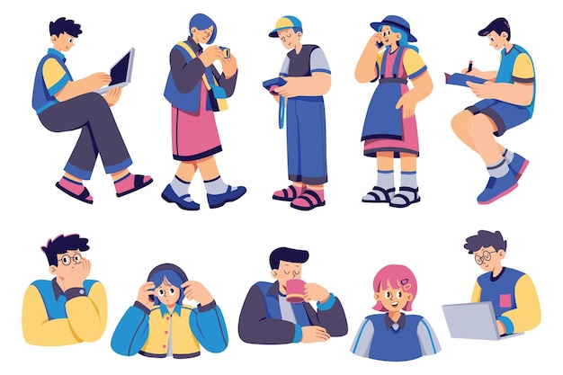 Conjunto de personas de dibujos animados en diferentes poses ilustración de estilo plano