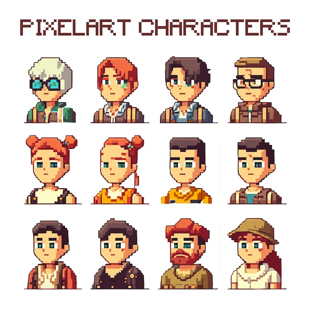 Conjunto de personas de dibujos animados de pixel art Vector Premium Conjunto de personas de dibujos animados de pixel art Vector Premium