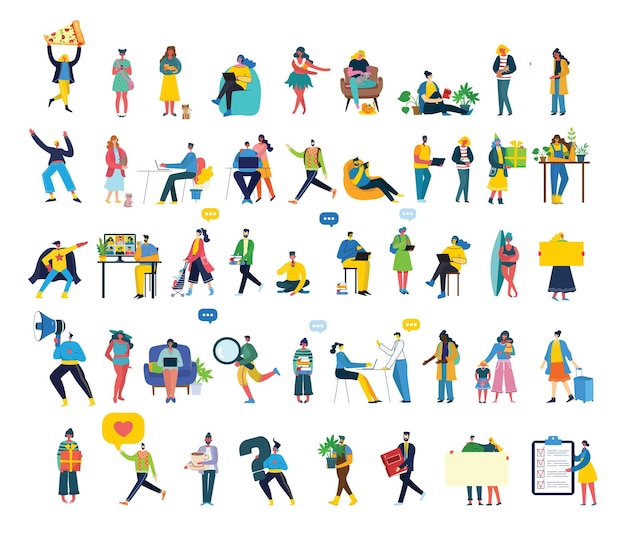 Conjunto de personas con diferentes signos. Estilo plano colorido moderno.