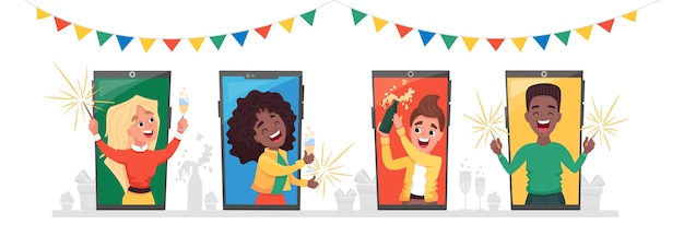 Conjunto de personas diversas, hombres y mujeres en su casa, celebrando en video chat y haciendo fiesta en línea