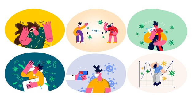 Conjunto de personas diversas toman medidas contra la pandemia del virus corona. Colección de hombres y mujeres asustados que se protegen de la infección por covid-19. Distanciamiento social y aislamiento. Ilustración de vector plano.