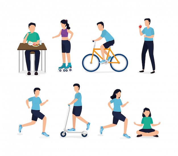 Conjunto de personas e iconos de estilo de vida saludable