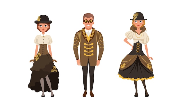 Conjunto de personas elegantes con trajes retro Steampunk Steampunk Party Festival Concepto Ilustración vectorial de dibujos animados