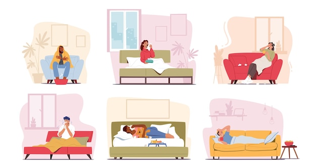 Conjunto de personas enfermas que sufren de virus del resfriado o personajes de la enfermedad de la influenza con enfermedades virales Hombres y mujeres enfermos