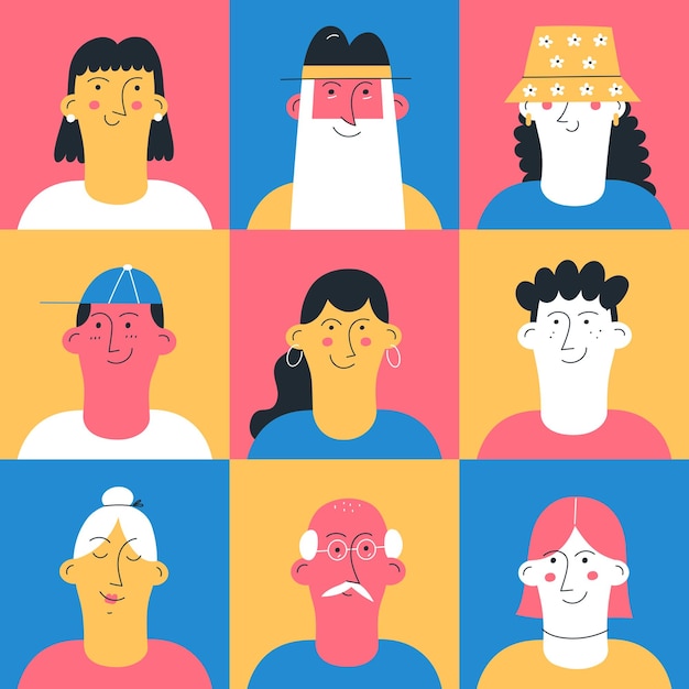 Conjunto de personas se enfrenta a diferentes edades en estilo plano
