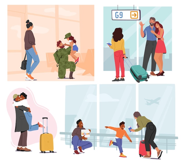 Conjunto de personas con equipaje que se encuentran con alguien en el aeropuerto Emoción y anticipación de reunirse con sus seres queridos