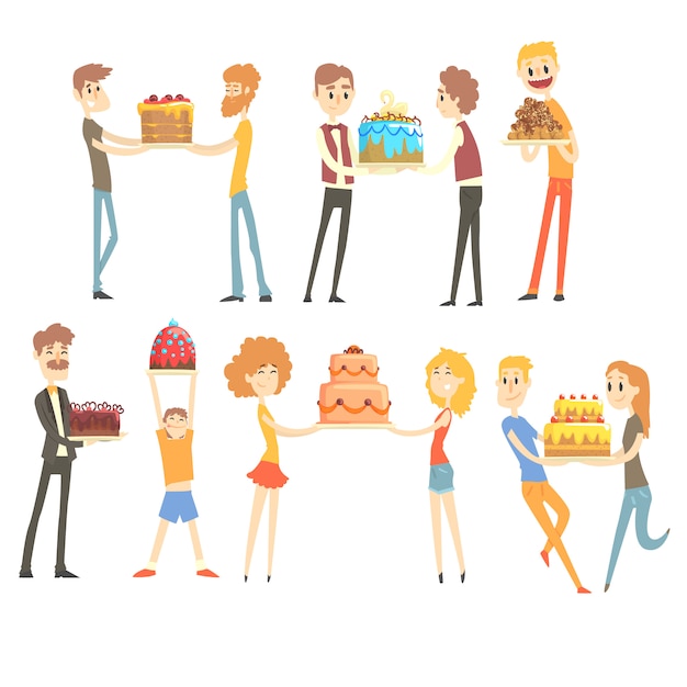 Conjunto de personas felices y amorosas celebrando aniversario con un pastel festivo personajes coloridos ilustraciones