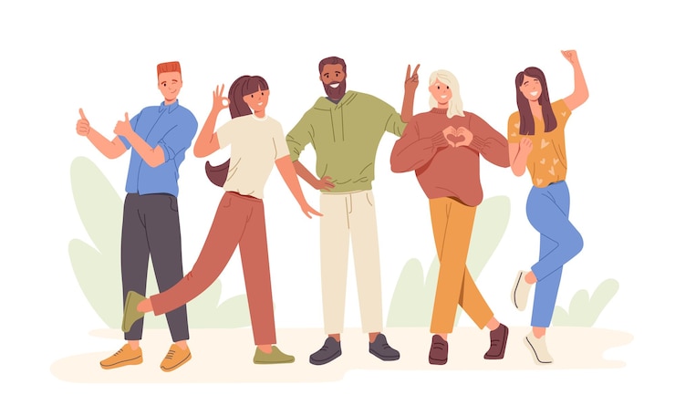 Vector conjunto de personas felices emocionadas que muestran un gesto positivo sintiéndose bien, amor, asombro y victoria