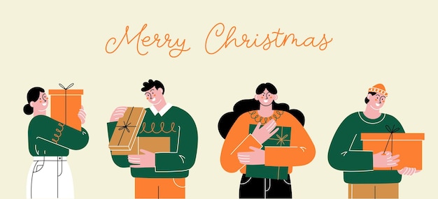 Conjunto de personas felices con regalos de Navidad