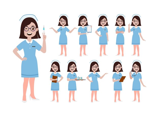 Conjunto de personas felices en uniforme de enfermera con diferentes actuaciones