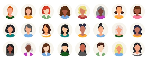 Conjunto de personas femeninas, avatares, personas, cabezas de diferentes etnias y edades en un estilo minimalista plano