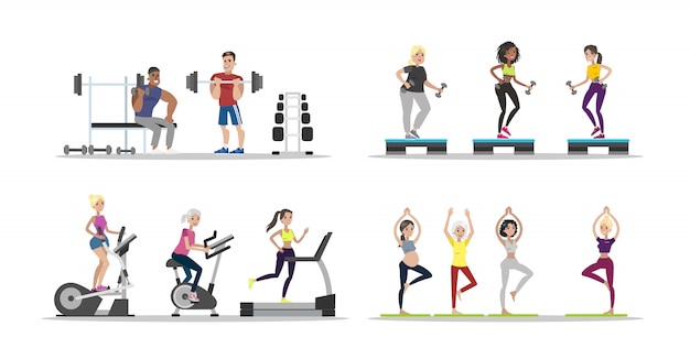 Conjunto de personas de gimnasio. Hombres y mujeres haciendo ejercicios.