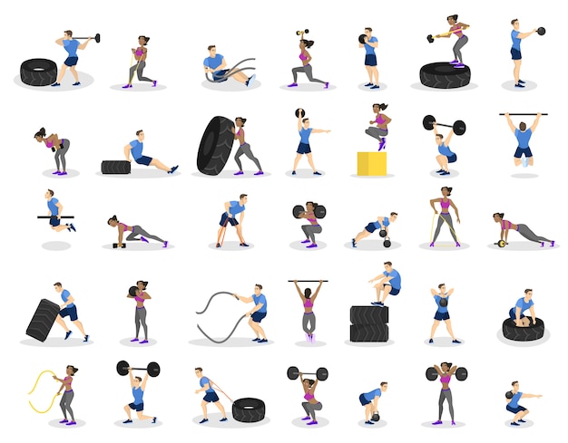Conjunto de personas haciendo ejercicio. Ejercicio de fitness y musculación