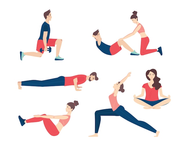 Conjunto de personas lindas haciendo ejercicios de fitness y yoga.