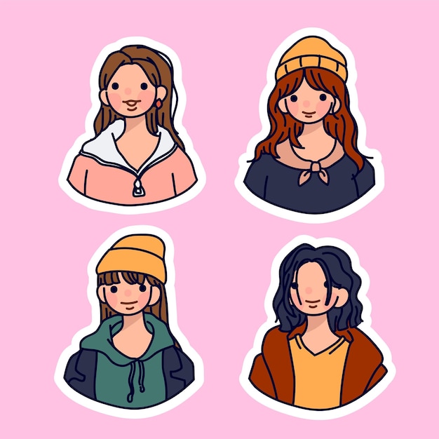 conjunto de personas lindas con pegatinas aisladas en rosa