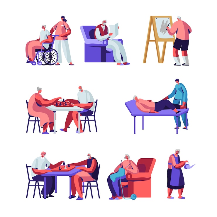 Vector conjunto de personas mayores, personajes masculinos y femeninos en el hogar de ancianos que se dedican al cuidado de las plantas, pintar, jugar al ajedrez, tejer.