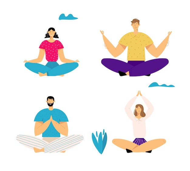 Vector conjunto de personas meditando al aire libre