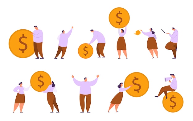 Conjunto de personas con monedas. Idea de crecimiento de capital e inversión financiera. Beneficio empresarial. ilustración