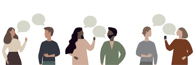Conjunto de personas multiétnicas hablando o hablando. Colección de parejas charlando con burbujas de habla.
