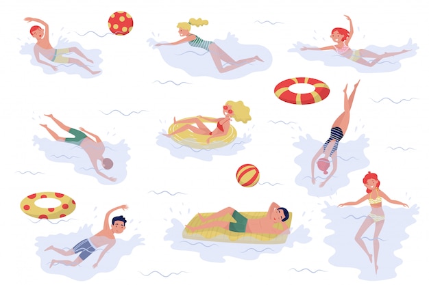 Conjunto de personas de natación. Niños y niñas en traje de baño. Recreación activa en el mar. Vacaciones de verano