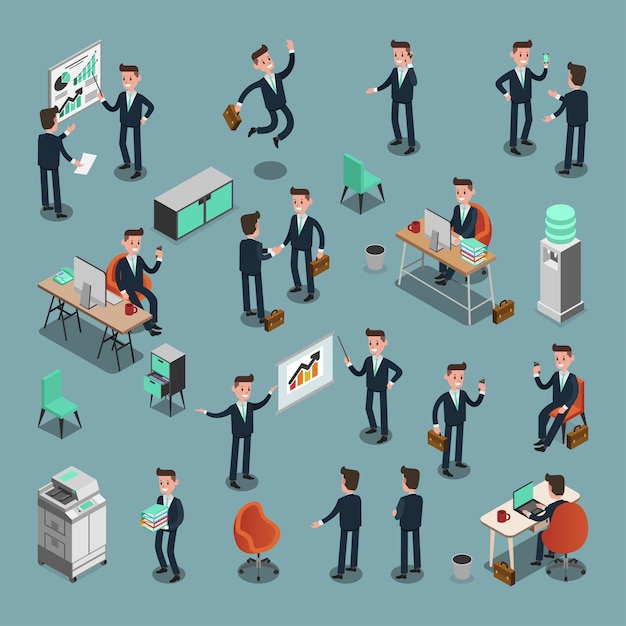 Conjunto de PERSONAS DE NEGOCIOS ISOMÉTRICAS en la oficina, idea compartida, diseño gráfico vectorial de información