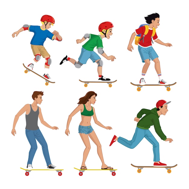 Vector conjunto de personas con patineta