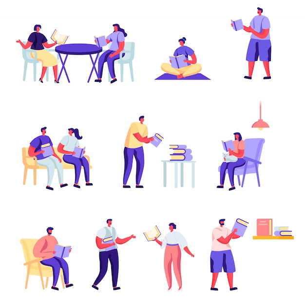 Conjunto de personas planas leyendo o estudiantes estudiando personajes.