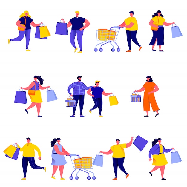 Conjunto de personas planas llevando bolsas de compras con personajes de compras