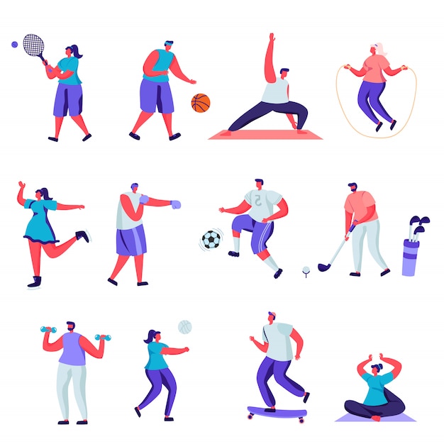 Vector conjunto de personas planas personajes de actividades deportivas.