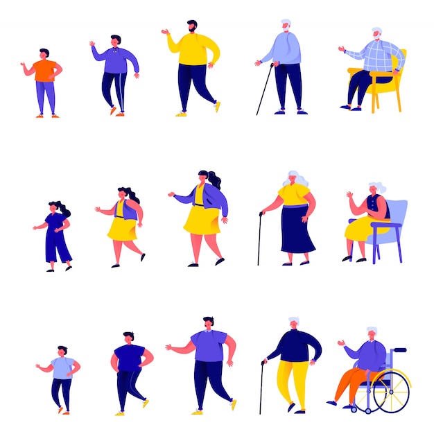 Conjunto de personas planas personajes de diferentes generaciones