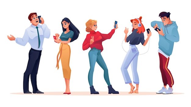 Vector conjunto de personas planas vectoriales con smartphone