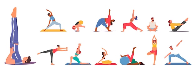 Conjunto de personas practican ejercicios de yoga Personajes masculinos y femeninos Mujeres embarazadas Hombre joven haciendo Asana