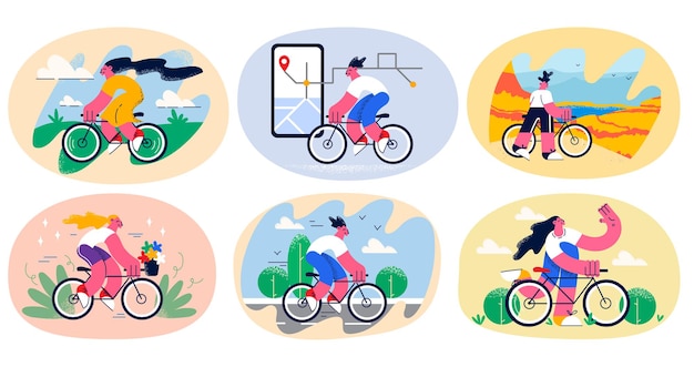 Conjunto de personas que andan en bicicleta disfrutan de pasatiempos activos relajarse en el fin de semana de verano al aire libre. Colección de ciclistas de hombres y mujeres en bicicleta para disfrutar del tiempo libre. Concepto de actividad física. Ilustración vectorial.