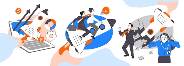 Conjunto de personas que lanzan startups hombres y mujeres empresarios que vuelan hacia arriba en un cohete exitoso