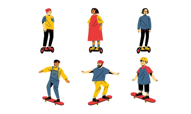 Vector conjunto de personas que montan en patinetas ilustración de vector de estilo plano