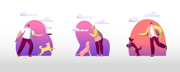 Conjunto de personas que pasan tiempo con mascotas al aire libre. Personajes masculinos y femeninos paseando y adiestrando perros en el parque de verano. Ocio relajante, amor comunicativo, cuidado de los animales. Ilustración vectorial de dibujos animados