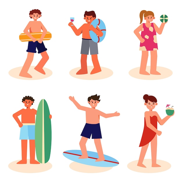 Conjunto de personas que realizan deportes de verano y actividades de ocio al aire libre en la playa, el mar o el océano: jugando, buceando, surfeando, comiendo. Ilustración de vector de dibujos animados planos coloridos.