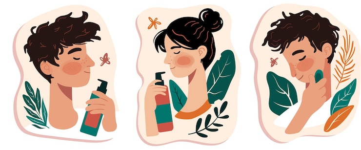 Vector conjunto de personas que utilizan productos cosméticos para el cuidado de la piel facial